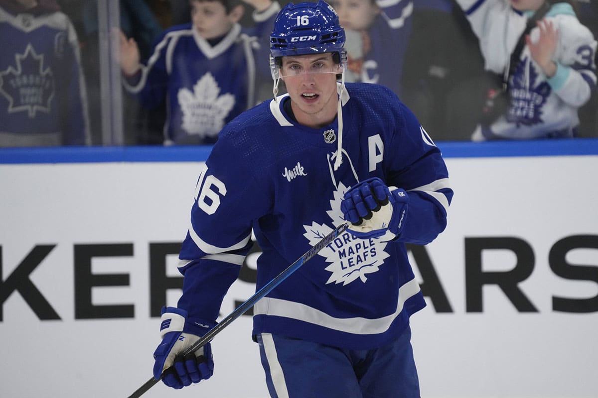 Toronto Maple Leafs forward Mitchell Marner (16) during warm up before a game against the Arizona Coyotes at Scotiabank Arena.