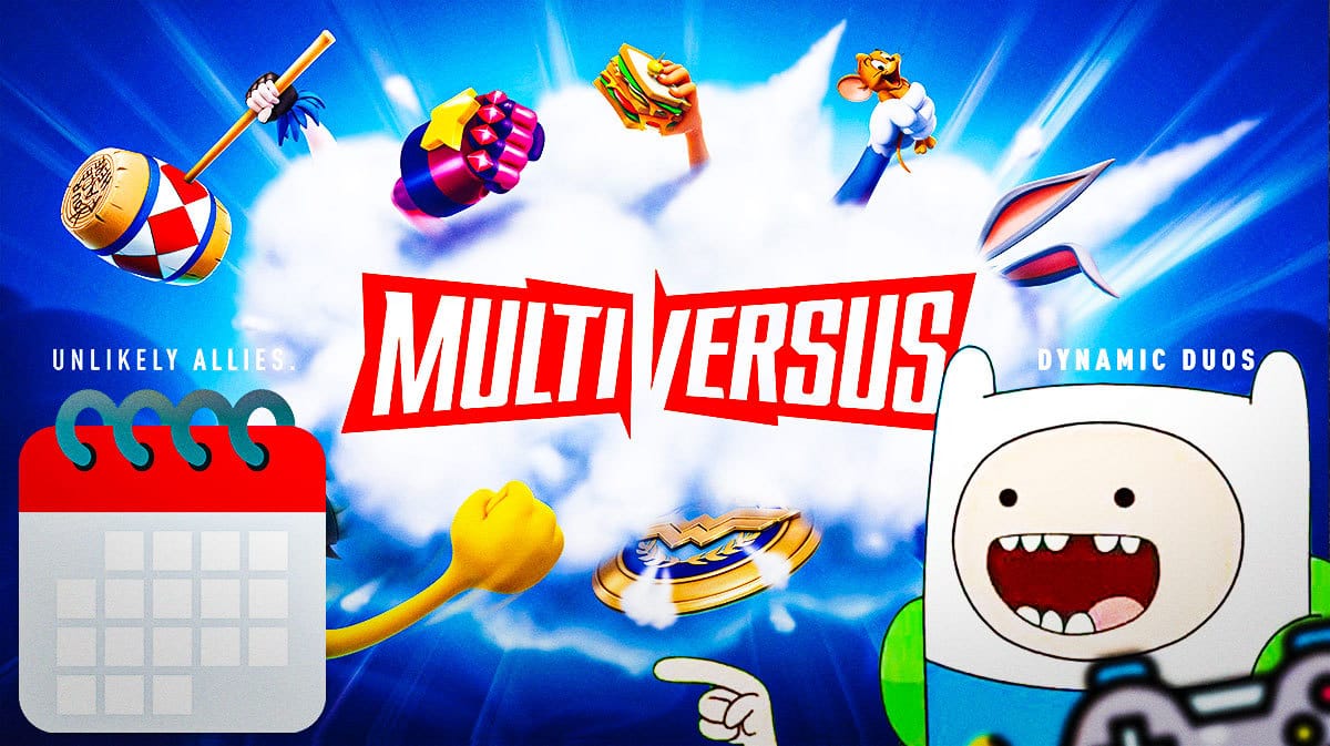 MultiVersus with Key Visual, Finn on the foreground pointing at a calendar