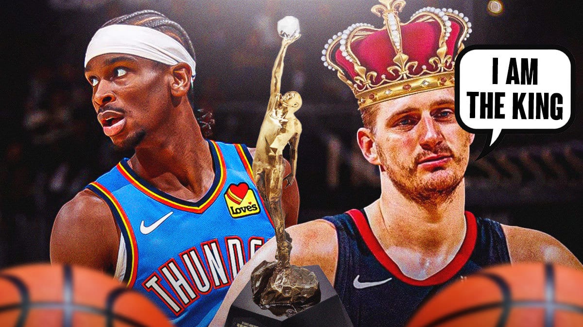 Nikola Jokic saying "I am the King" next to Shai Gilgeous-Alexander and NBA MVP award