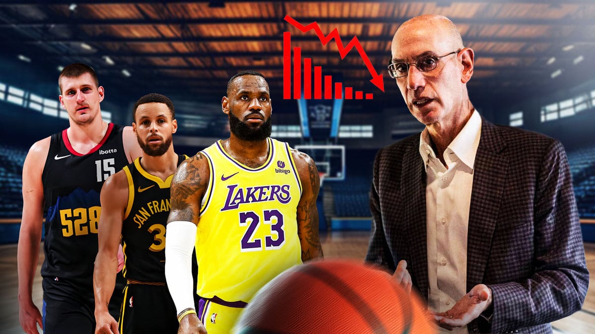 Adam Silver looking at Lakers' LeBron James, Warriors' Stephen Curry, and Nuggets' Nikola Jokic with the stock down logo beside them