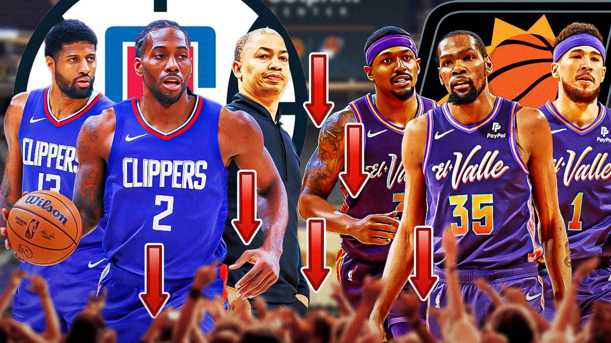 Clippers' Ty Lue, Kawhi Leonard, and Paul George; Suns' Kevin Durant, Devin Booker and Bradley Beal with red down arrows