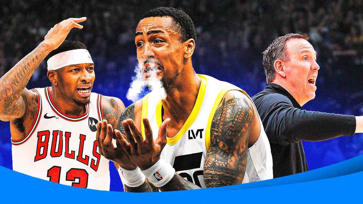 Bulls Chris Fleming and Torrey Craig with Jazz John Collins