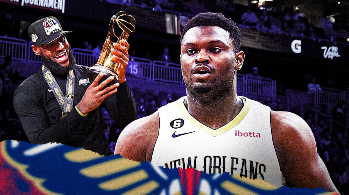 Pelicans' Zion Williamson looking angry while staring at Lakers' LeBron James holding the NBA In-Season Tournament trophy