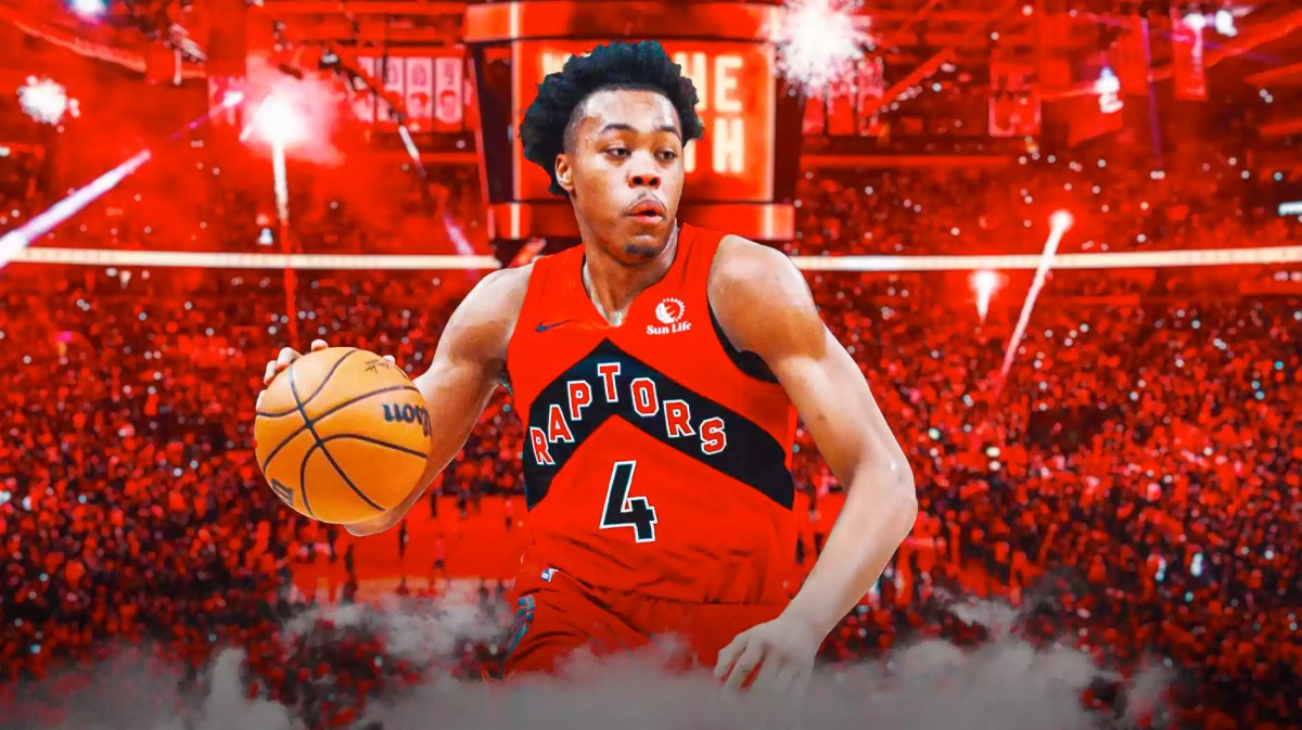 Scottie Barnes with the Raptors arena in the background, injury