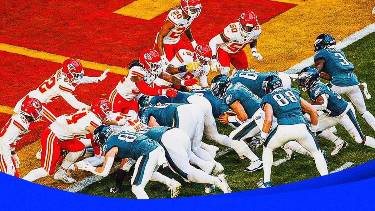 A pile-up of football players near the end zone