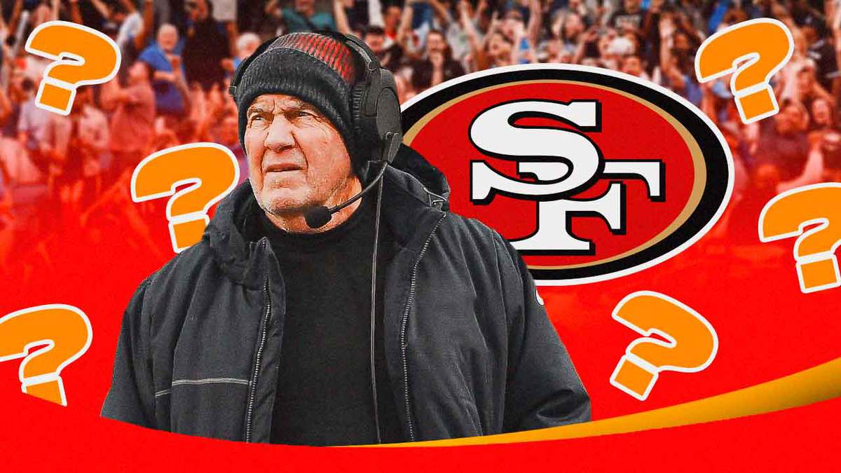 Bill Belichick looking serious, 49ers logo beside him and question marks all over him