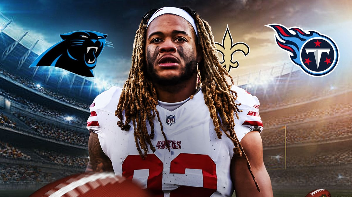 49ers DE Chase Young stands next to Titans, Panthers, and Saints logos.