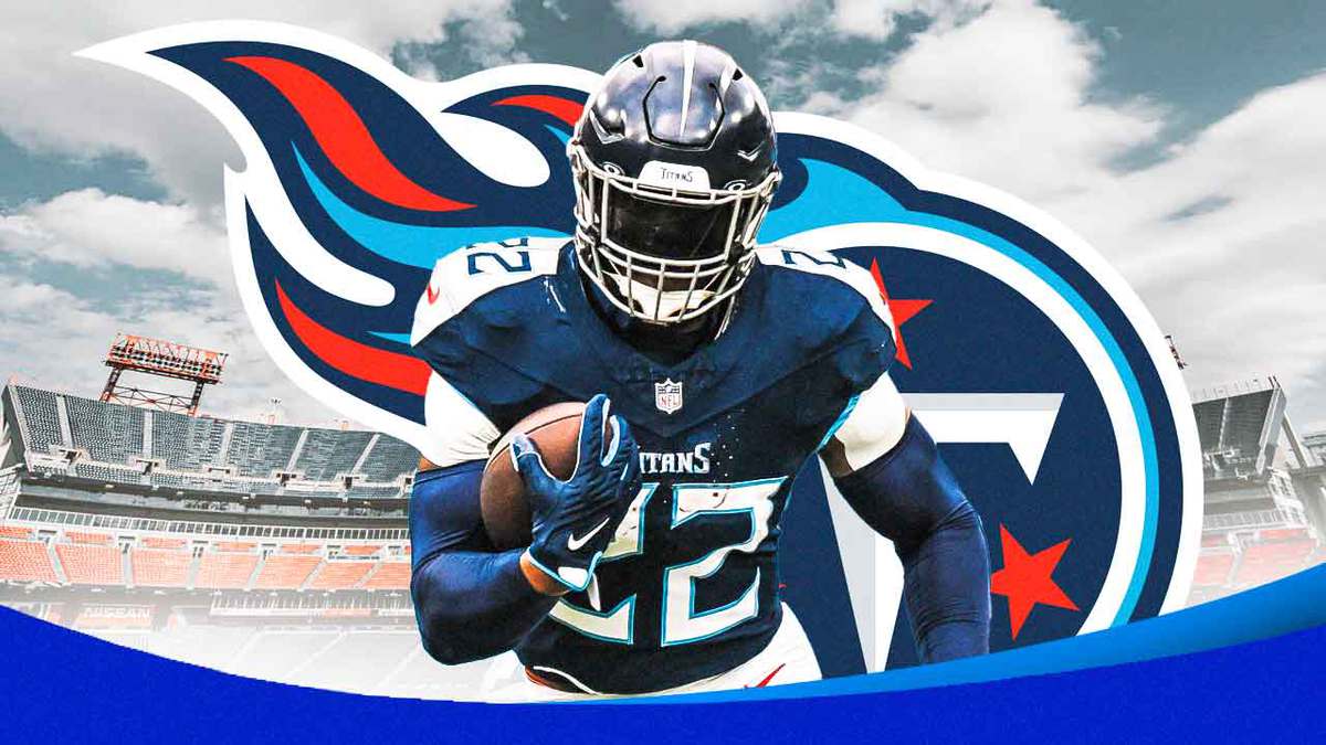 Derrick Henry next to the Titans logo