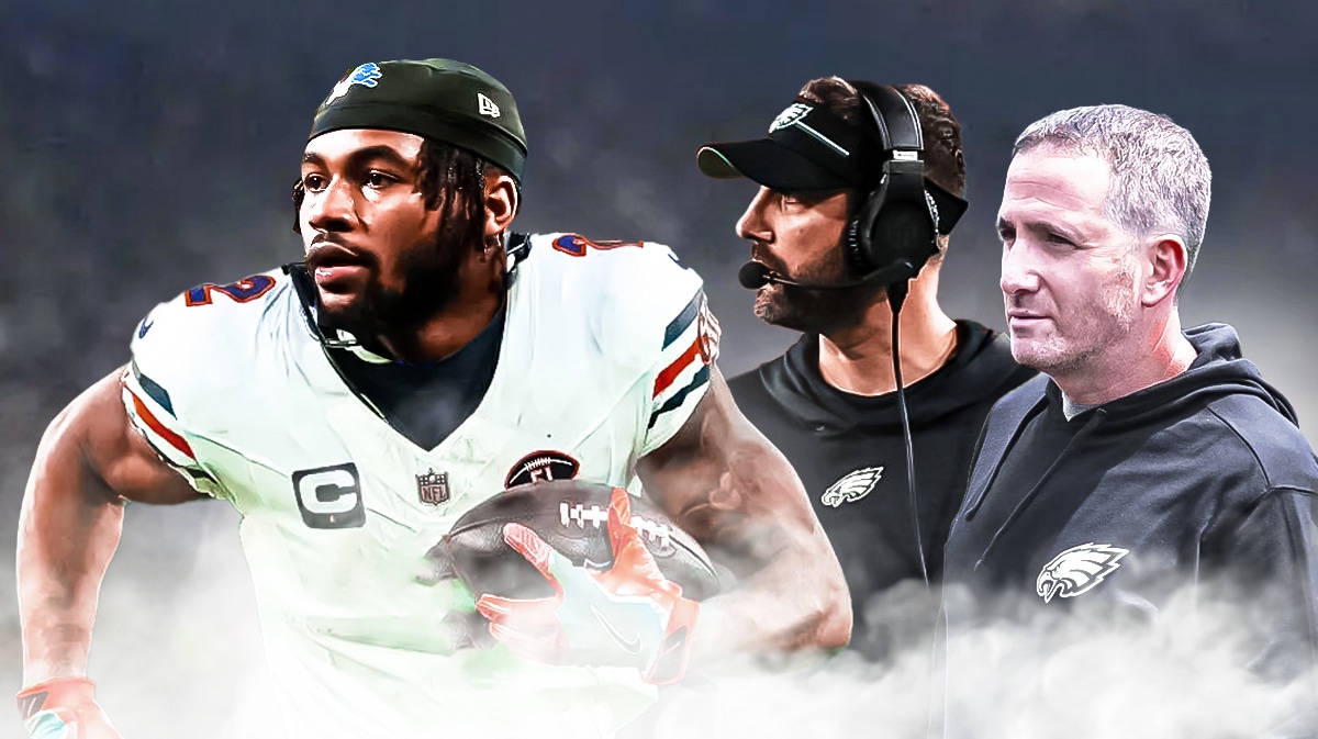 Photo: Howie Roseman, Nick Sirianni both looking serious in Eagles gear, D’Andre Swift in Bears jersey