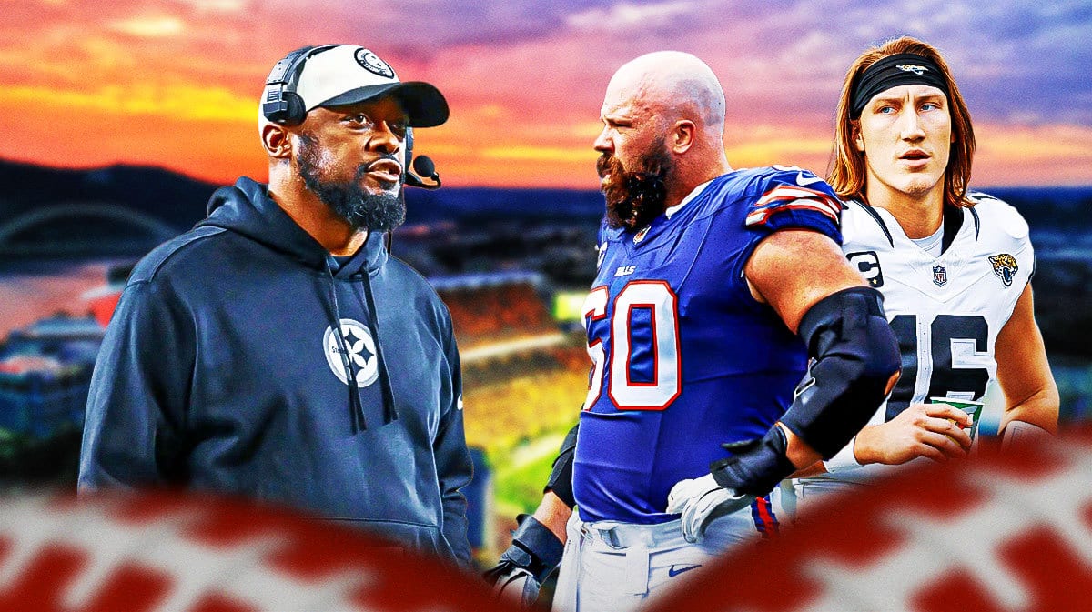 Steelers coach Mike Tomlin looking at Mitch Morse next to Trevor Lawrence.