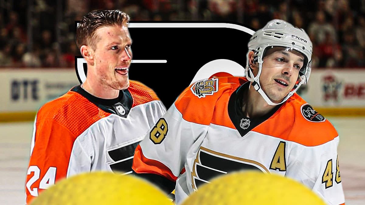 Nick Seeler looking happy, Danny Briere looking happy, PHI Flyers logo, hockey rink in background
