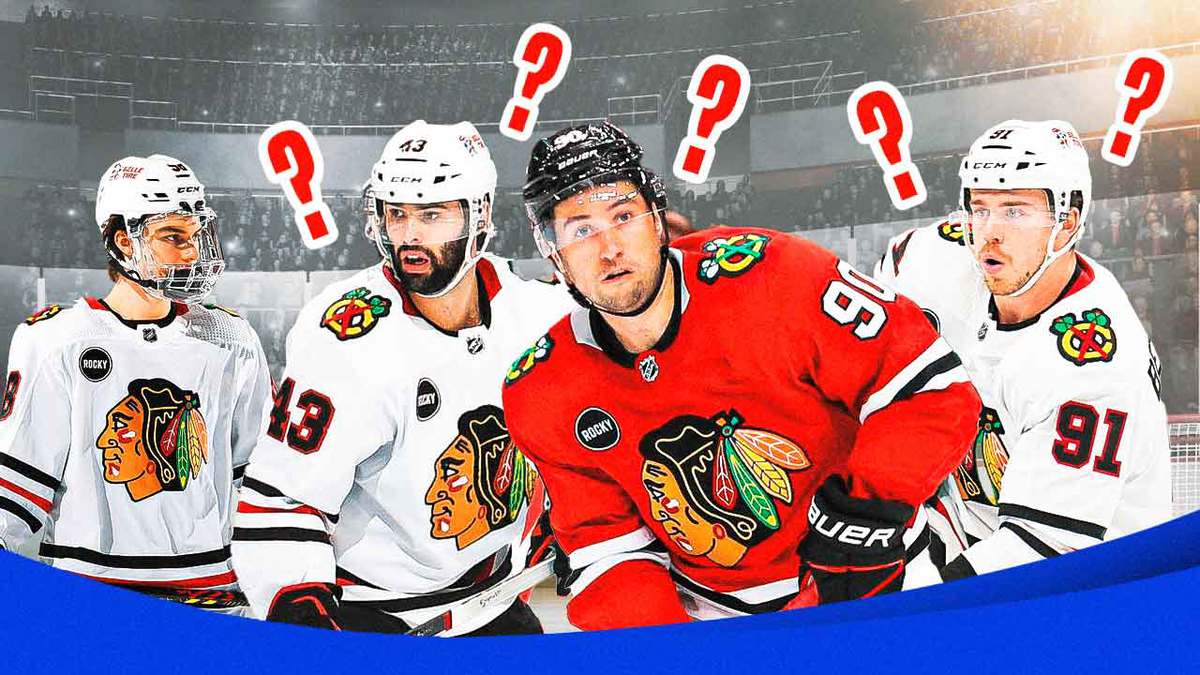 lackhawks' Connor Bedard looking at Colin Blackwell, Tyler Johnson, and Anthony Beauvillier with question marks all over them