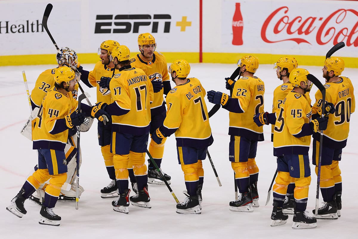 Nashville Predators players celebrates after the game against the Florida Panthers at Amerant Bank Arena