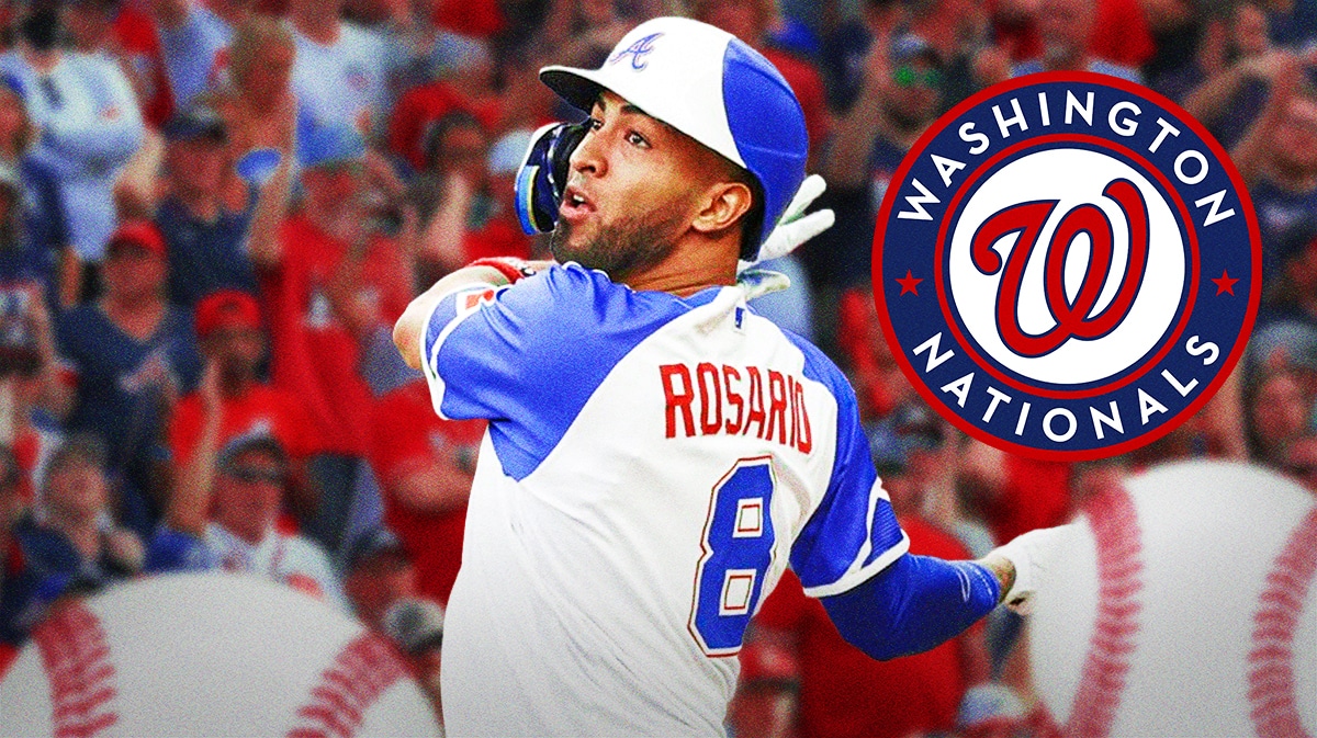 Eddie Rosario smiling with the Nationals logo beside him