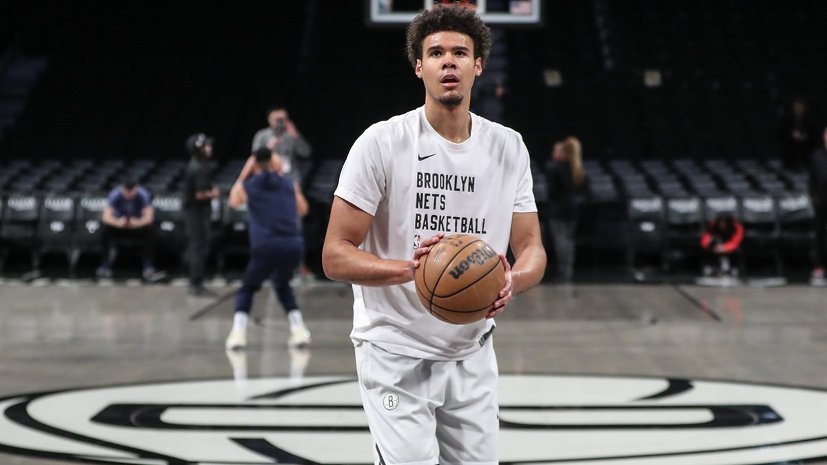 Brooklyn Nets forward Cameron Johnson (2) warms up prior to the game against the New Orleans Pelicans at Barclays Center.