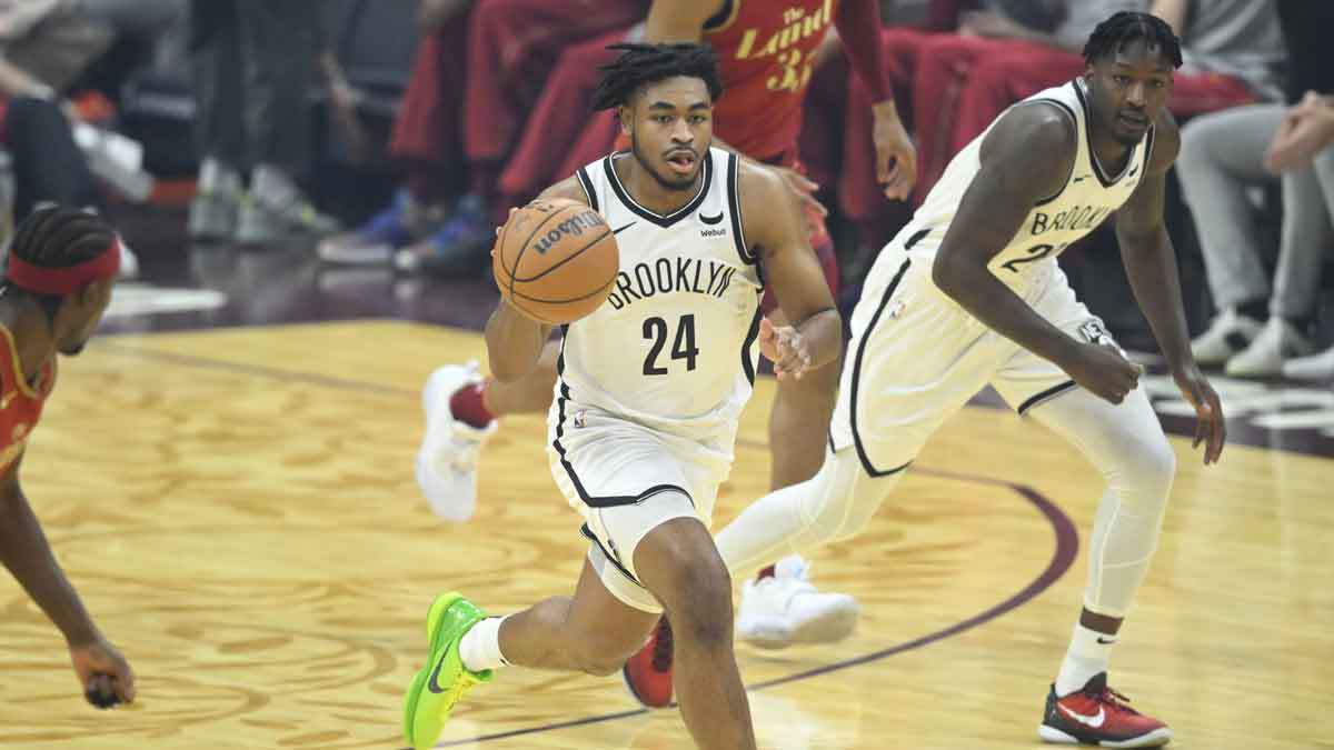 Brooklyn Nets guard Cam Thomas (24) brings the ball up court in the first quarter against the Cleveland Cavaliers at Rocket Mortgage FieldHouse.
