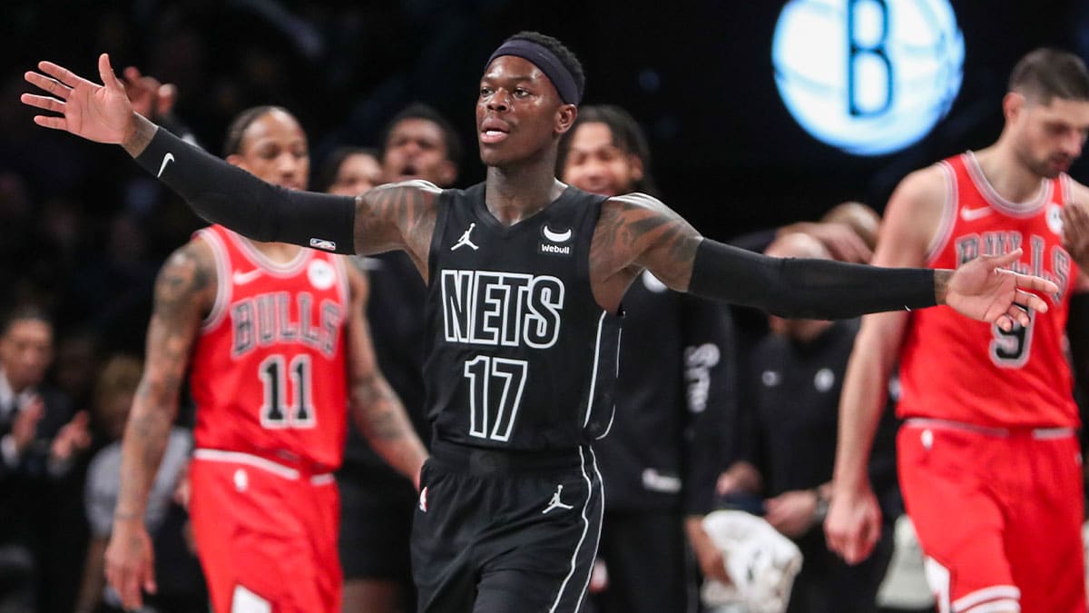 Brooklyn Nets guard Dennis Schroder (17) celebrates after making a three point shot in the third quarter against the Chicago Bulls at Barclays Center