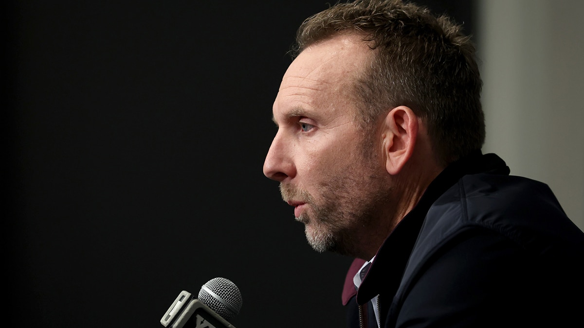  Brooklyn Nets general manager Sean Marks speaks during a press conference before a game against the New York Knicks at Barclays Center