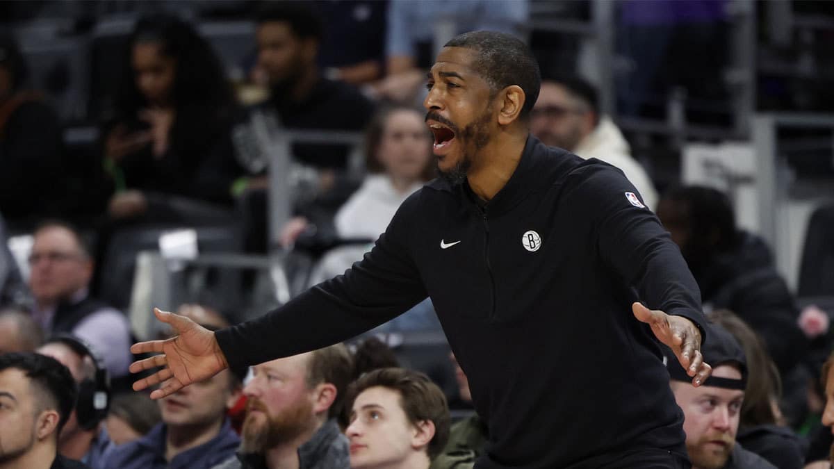 Brooklyn Nets head coach Kevin Ollie reacts in the first half against the Detroit Pistons at Little Caesars Arena.
