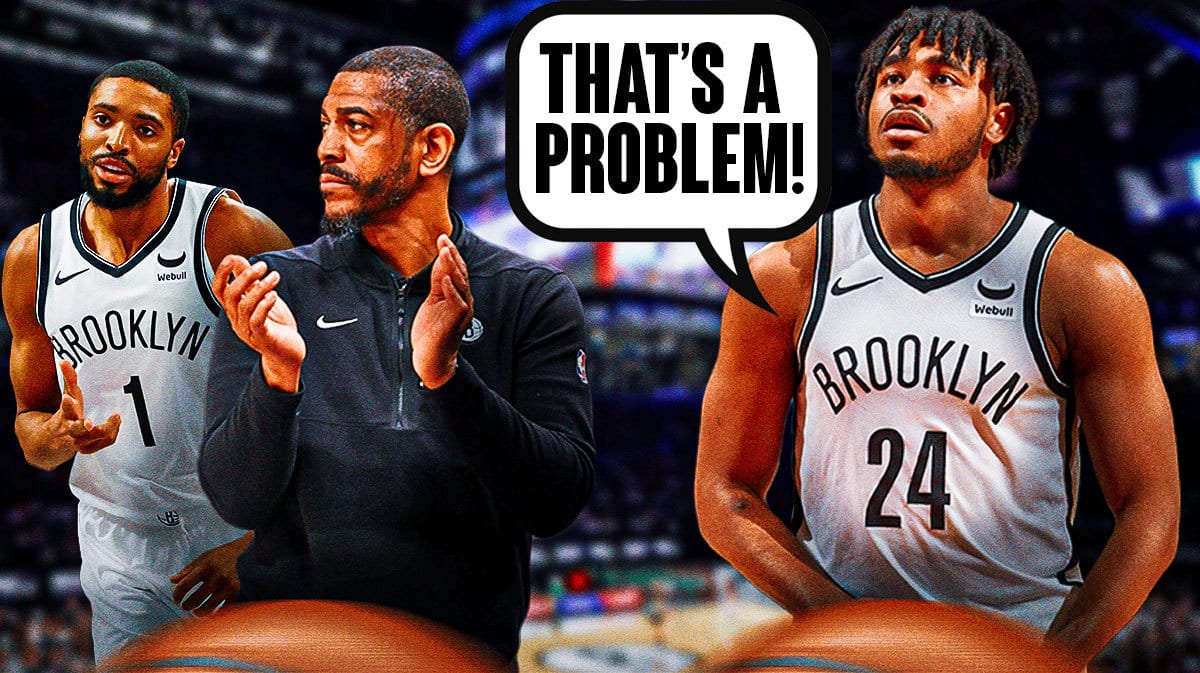 Cam Thomas on one side with a mouth bubble saying, “That’s a problem!” and Kevin Ollie and Mikal Bridges on the other side