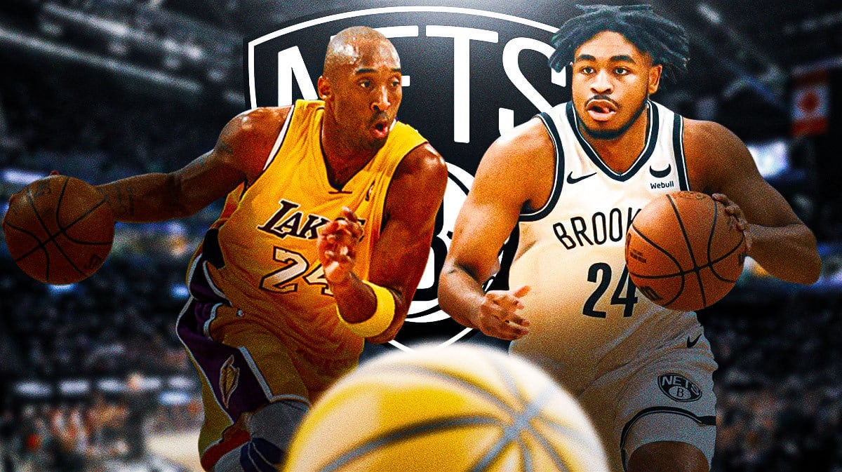 Nets Cam Thomas next to Lakers Kobe Bryant in front of a Nets look at Barclays Center