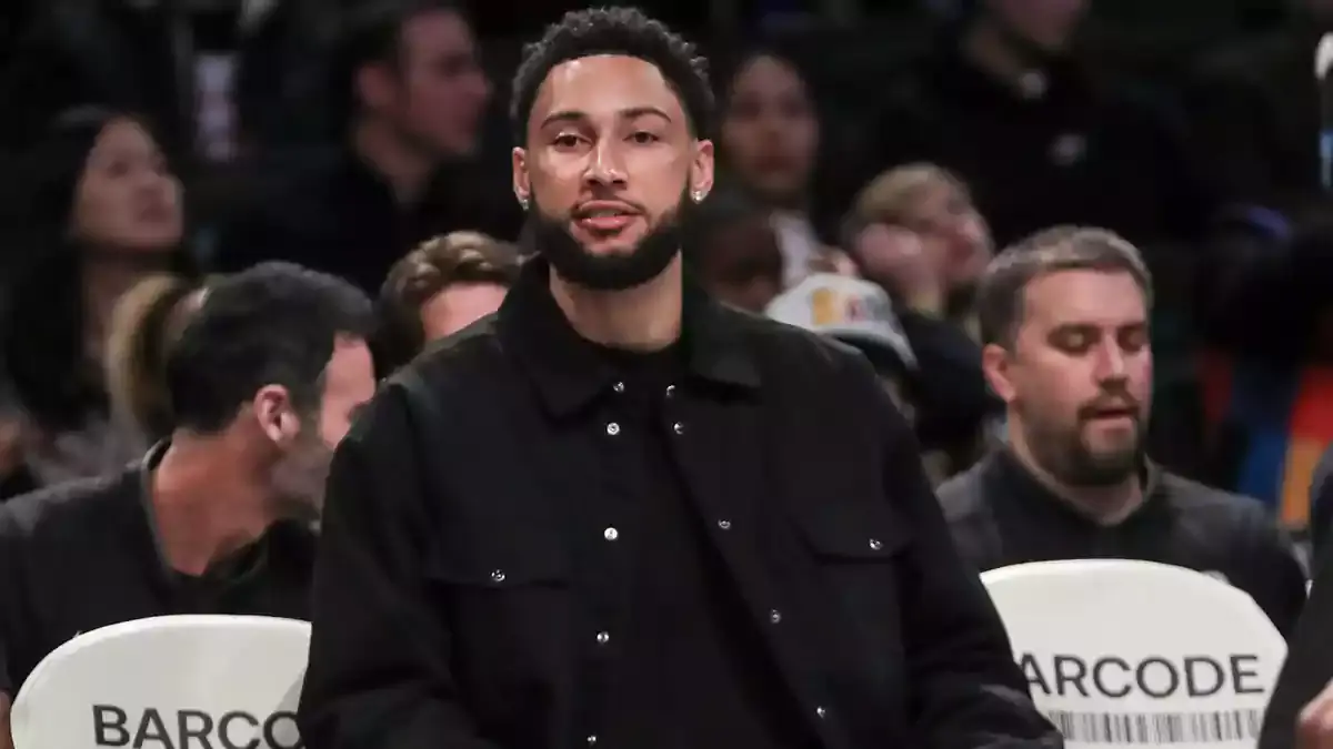 Brooklyn Nets guard Ben Simmons (not in uniform) sits on the bench in the first quarter against the Atlanta Hawks at Barclays Center.