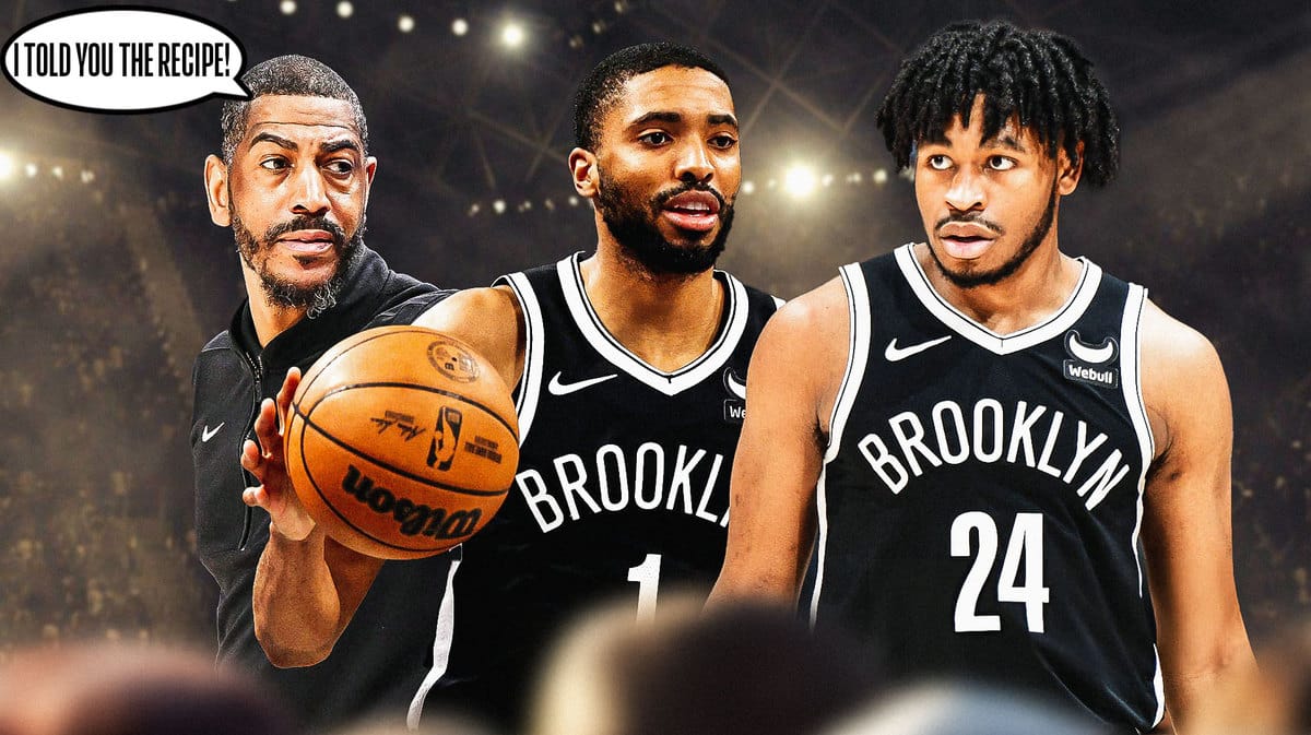 Kevin Ollie with a speech bubble saying, “I told you the recipe!” with Mikal Bridges and Cam Thomas on the other side.