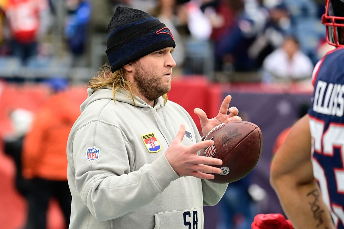Dec 17, 2023; Foxborough, Massachusetts, USA; New England Patriots linebackers coach Steve Belichick works with the team during warm ups before a game against the Kansas City Chiefs at Gillette Stadium. Mandatory Credit: Eric Canha-USA TODAY Sports