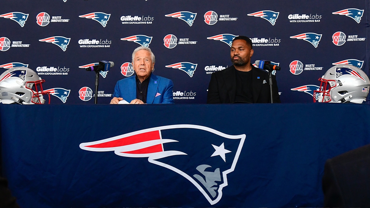 New England Patriots owner Robert Kraft (left) announces the hiring of head coach Jerod Mayo (right) at Gillette Stadium