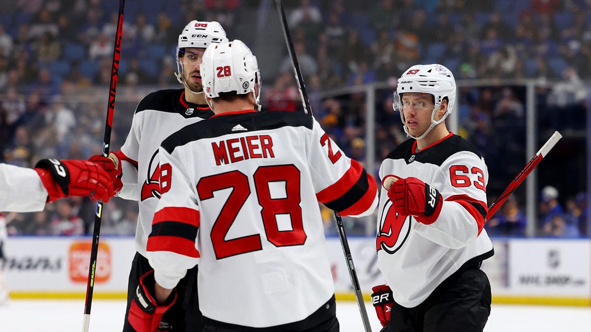New Jersey Devils left wing Jesper Bratt (63) celebrates his goal with teammates during the first period against the Buffalo Sabres at KeyBank Center.