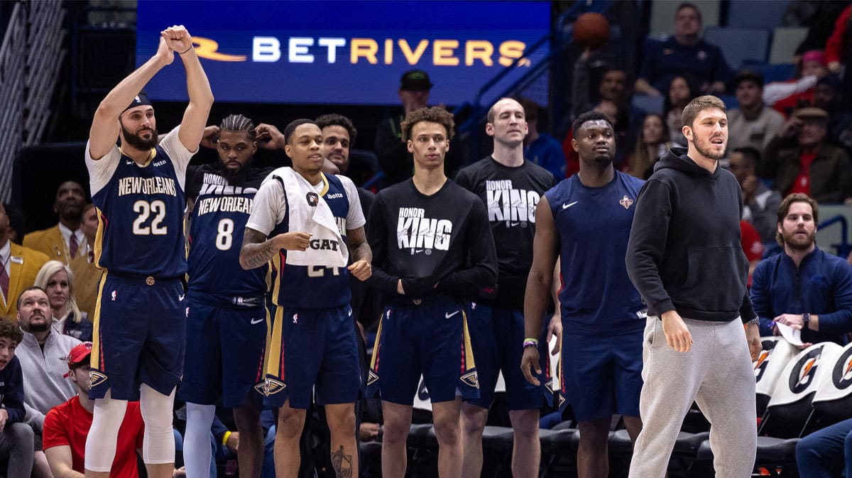 New Orleans Pelicans bench looks on against the Charlotte Hornets during the second half at Smoothie King Center. 