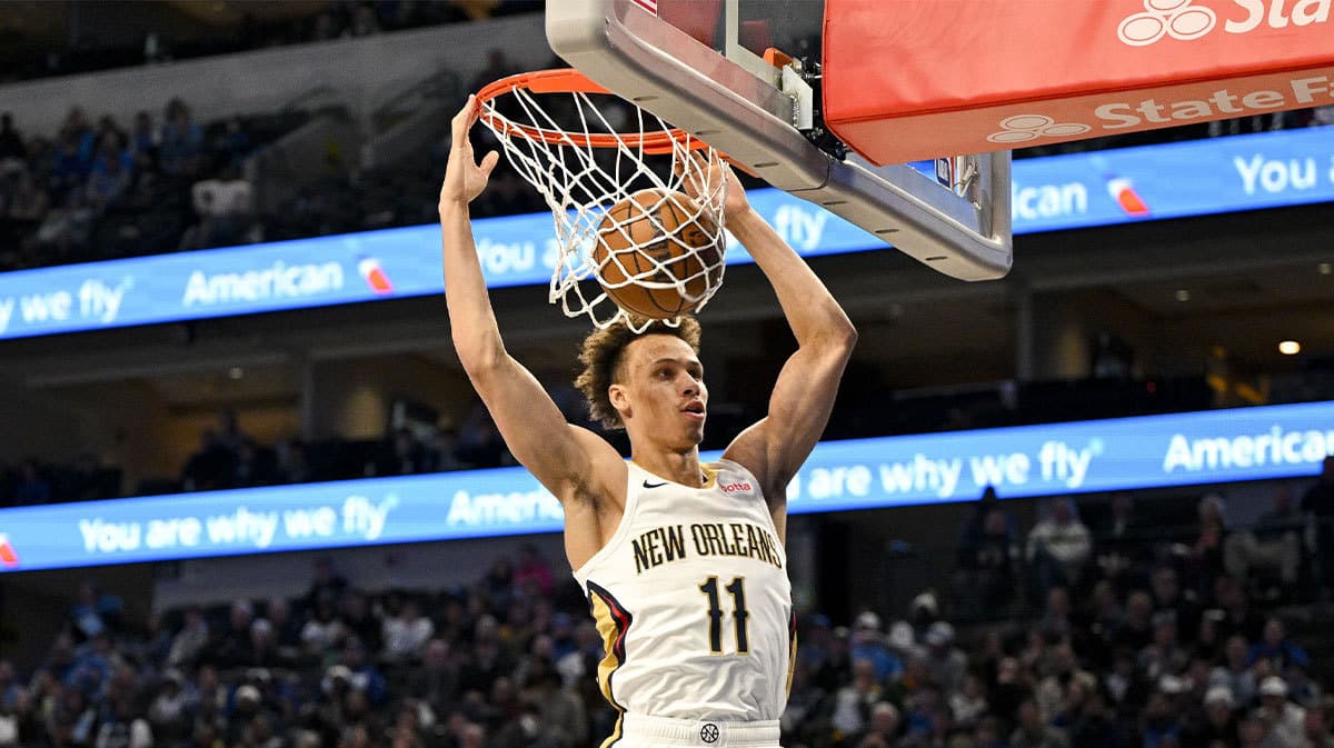 New Orleans Pelicans guard Dyson Daniels (11) dunks the ball against the Dallas Mavericks during the second half at the American Airlines Center.