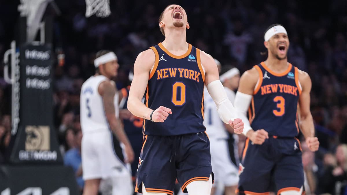 New York Knicks guard Donte DiVincenzo (0) celebrates in the first quarter against the Orlando Magic at Madison Square Garden.