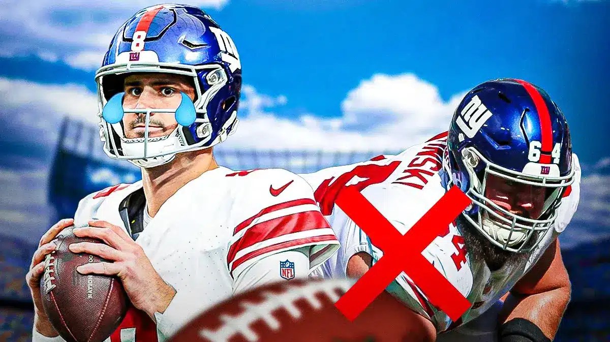 Giants QB Daniel Jones with a tear on his face looking at Mark Glowinski with a big red x over him