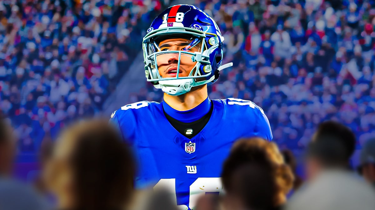 Isaiah Hodgins looking unsure with Giants stadium in the background