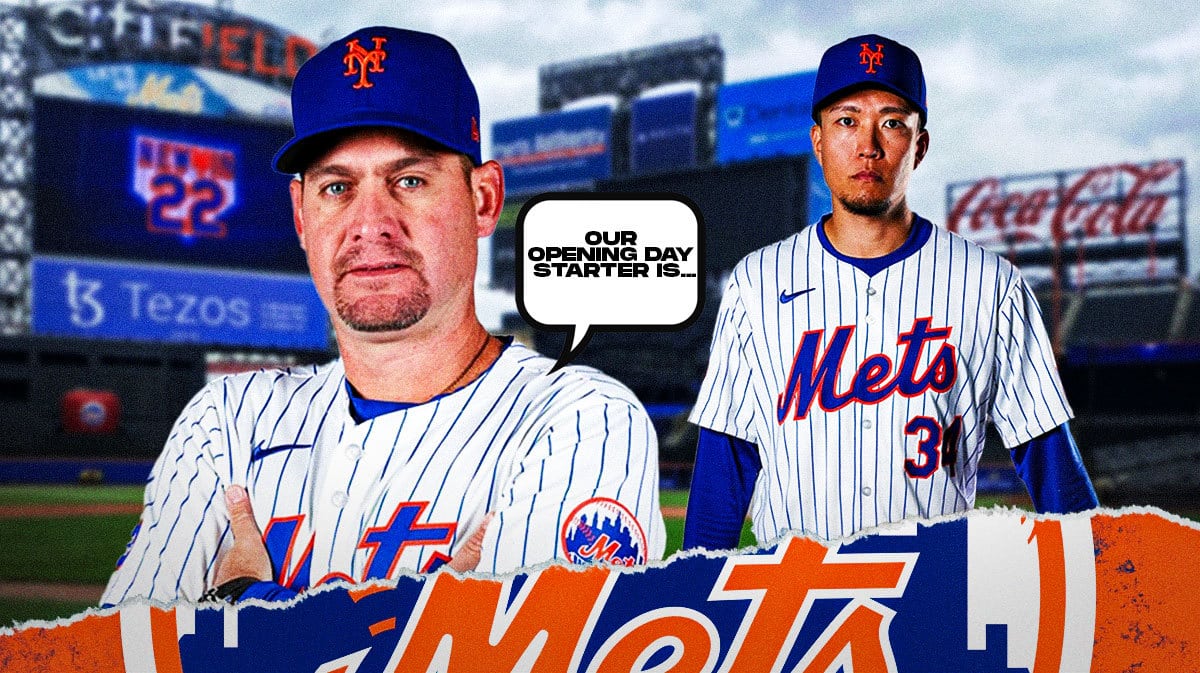 Mets manager Carlos Mendoza saying the following: Our Opening Day starter is… Place Mets' Kodai Senga in background looking serious.