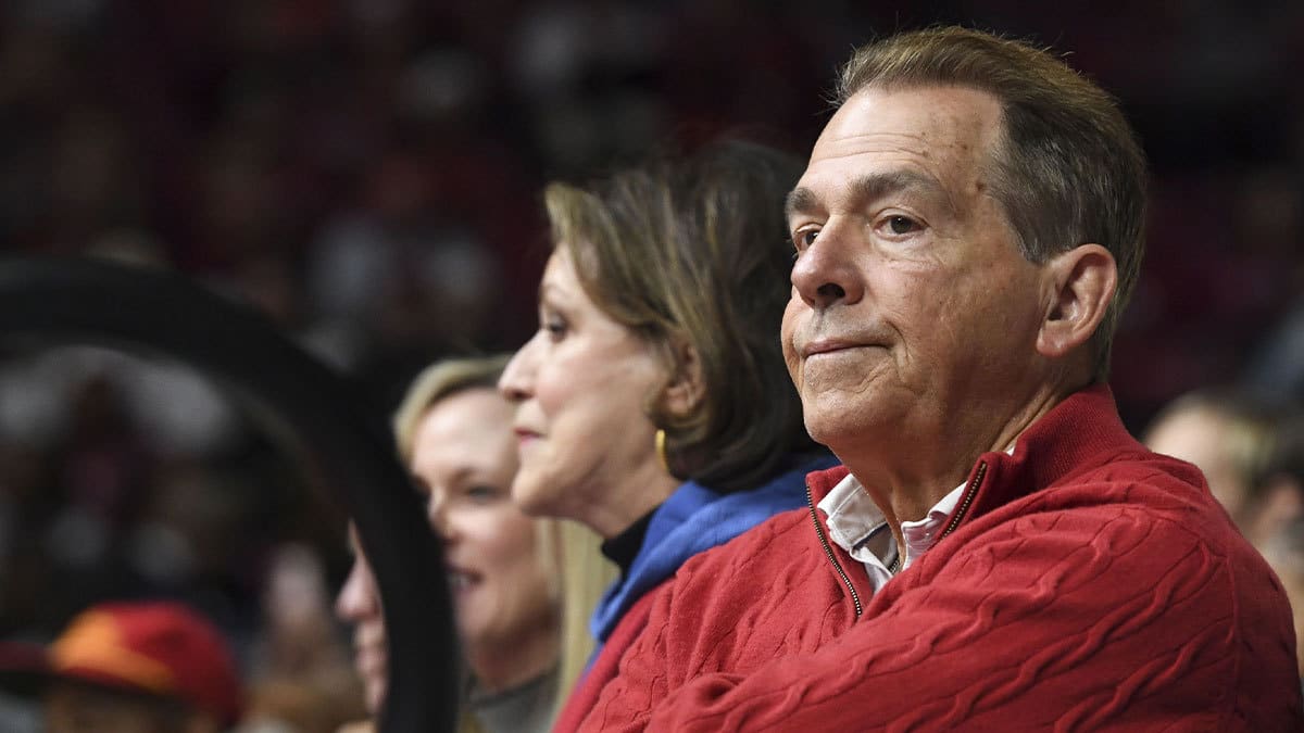 Alabama Crimson Tide former head football coach Nick Saban looks on during a basketball game between Alabama and the Texas A&M Aggies at Coleman Coliseum