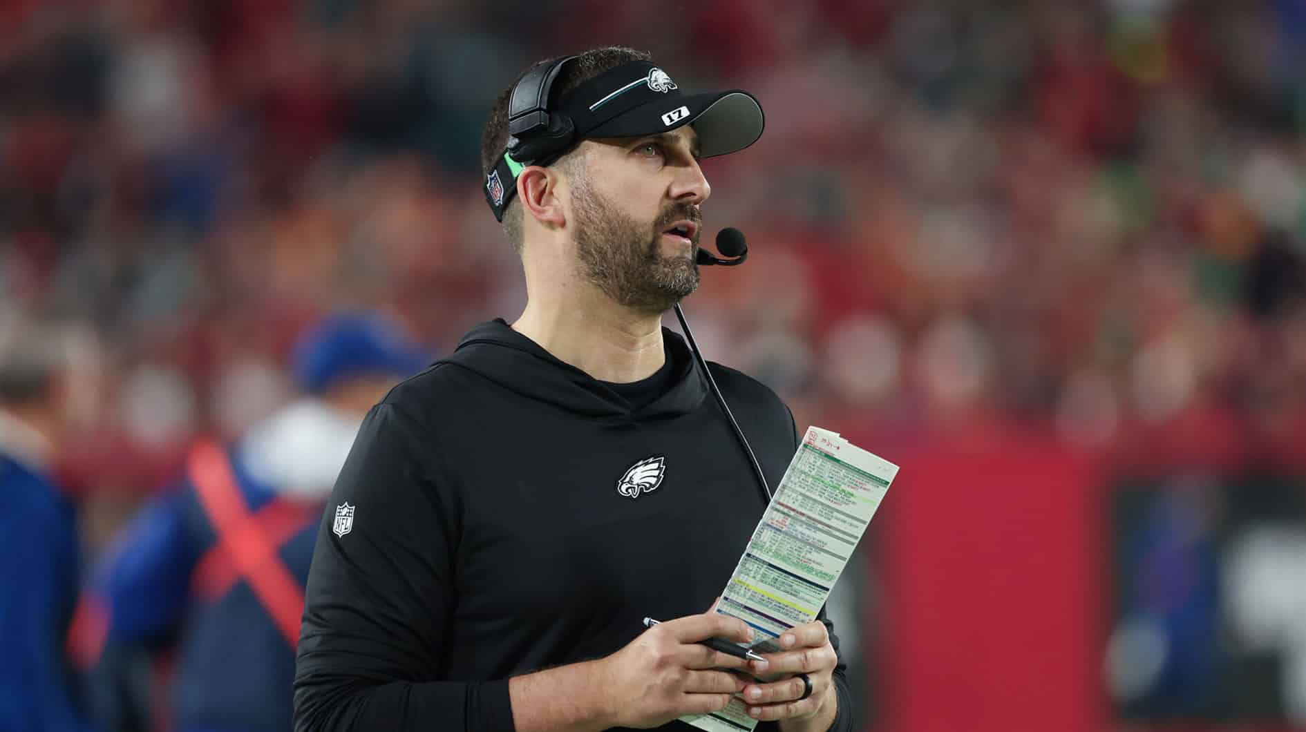 Philadelphia Eagles head coach Nick Sirianni looks on during the second half of a 2024 NFC wild card game against the Tampa Bay Buccaneers at Raymond James Stadium.