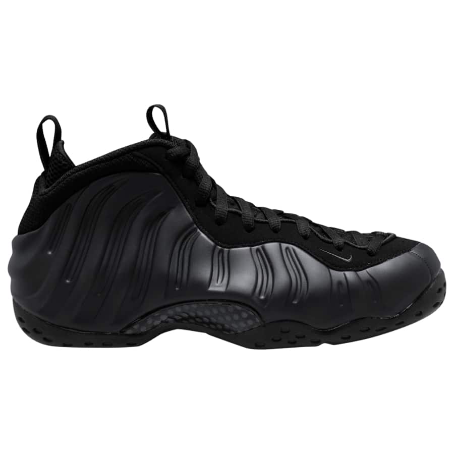 Nike Air Foamposite One - Black/Black/Anthracite colorway on a white background.