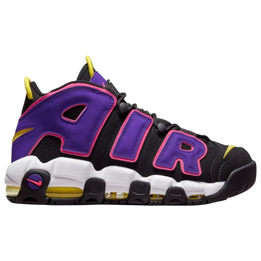 Nike Air More Uptempo '96 - Black/Multi/Purple colorway on a white background.