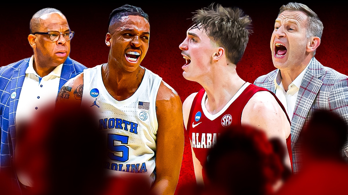 Alabama basketball coach Nate Oats and Grant Nelson looking at Hubert Davis and Armando Bacot of North Carolina.