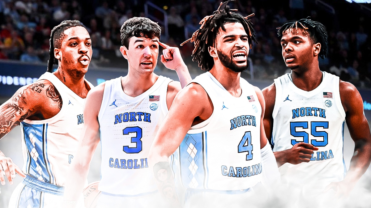 RJ Davis in the middle, Armando Bacot, Harrison Ingram and Cormac Ryan behind him (North Carolina basketball)