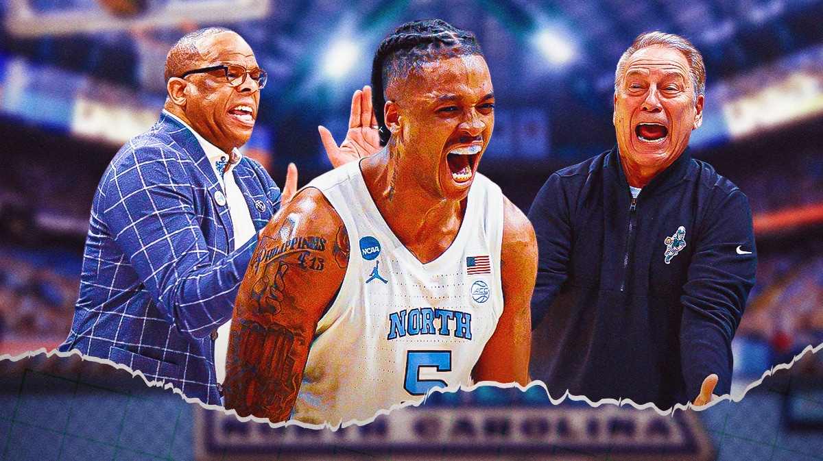 North Carolina HC Hubert Davis with Armando Bacot and Michigan State Tom Izzo before March Madness clash