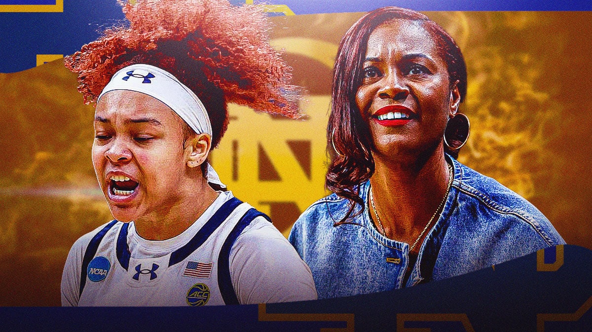 Hannah Hidalgo alongside Niele Ivey with the Notre Dame logo in the background, March Madness