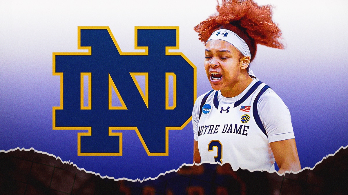 Hannah Hidalgo with the Notre Dame logo in the background, nose ring