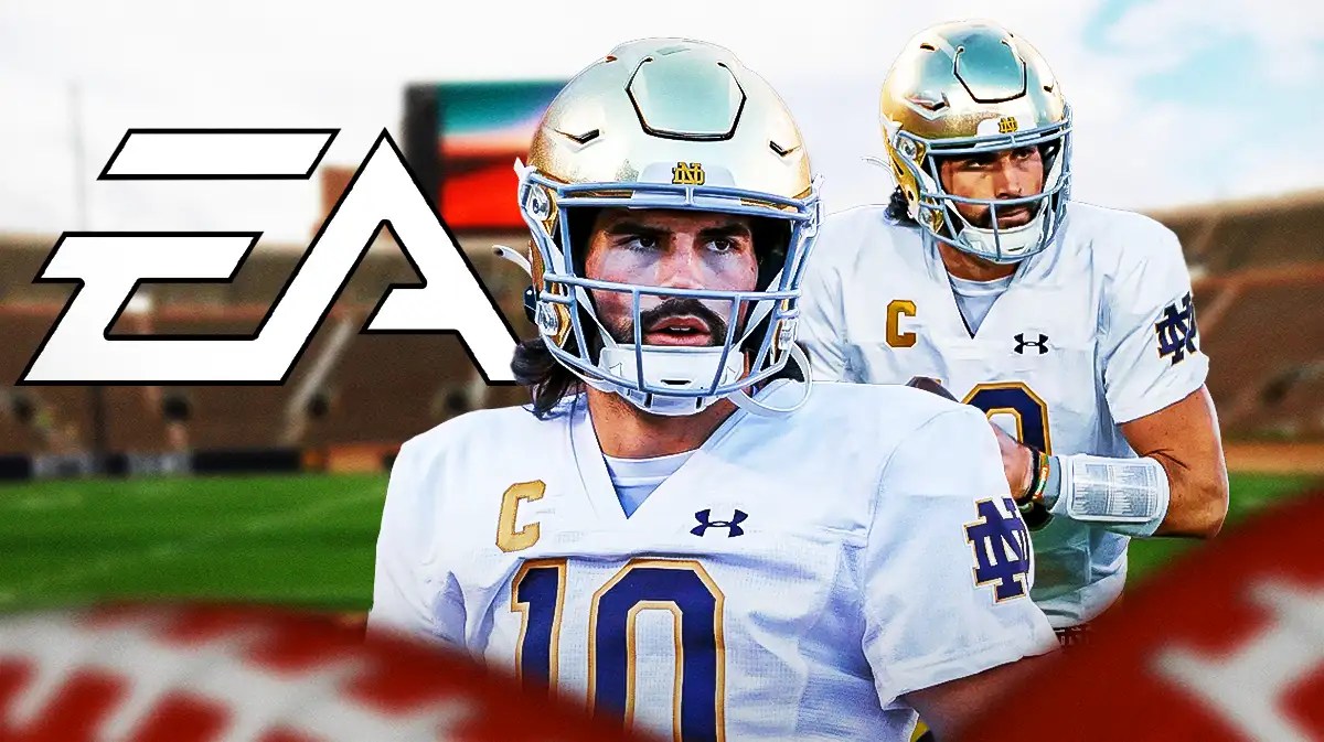 Notre Dame football, Fighting Irish, Sam Hartman, EA Sports college football video game, Sam Hartman NFL Combine, Sam Hartman and EA logo with Notre Dame football stadium in the background