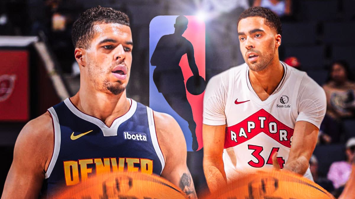 Nuggets' Michael Porter Jr looking at Raptors' Jontay Porter. Have the NBA logo between them.