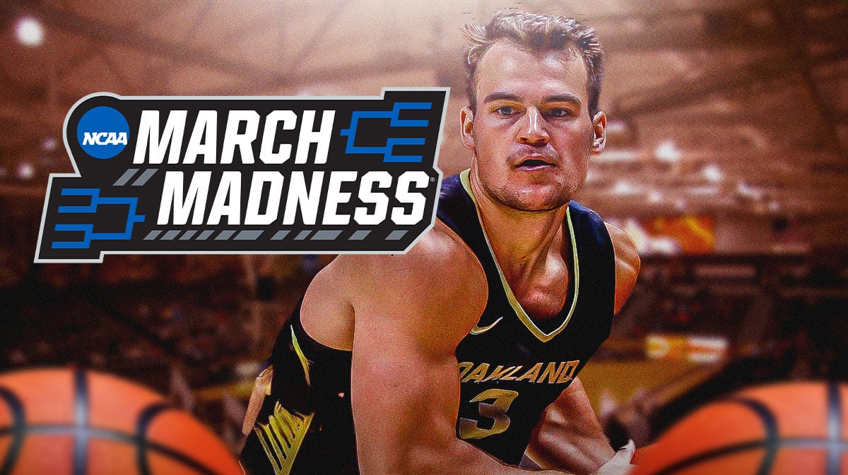 Oakland basketball, Grizzlies, Jack Gohlke, Kentucky basketball, March Madness, Jack Gohlke and and March Madness logo with Oakland basketball arena in the background