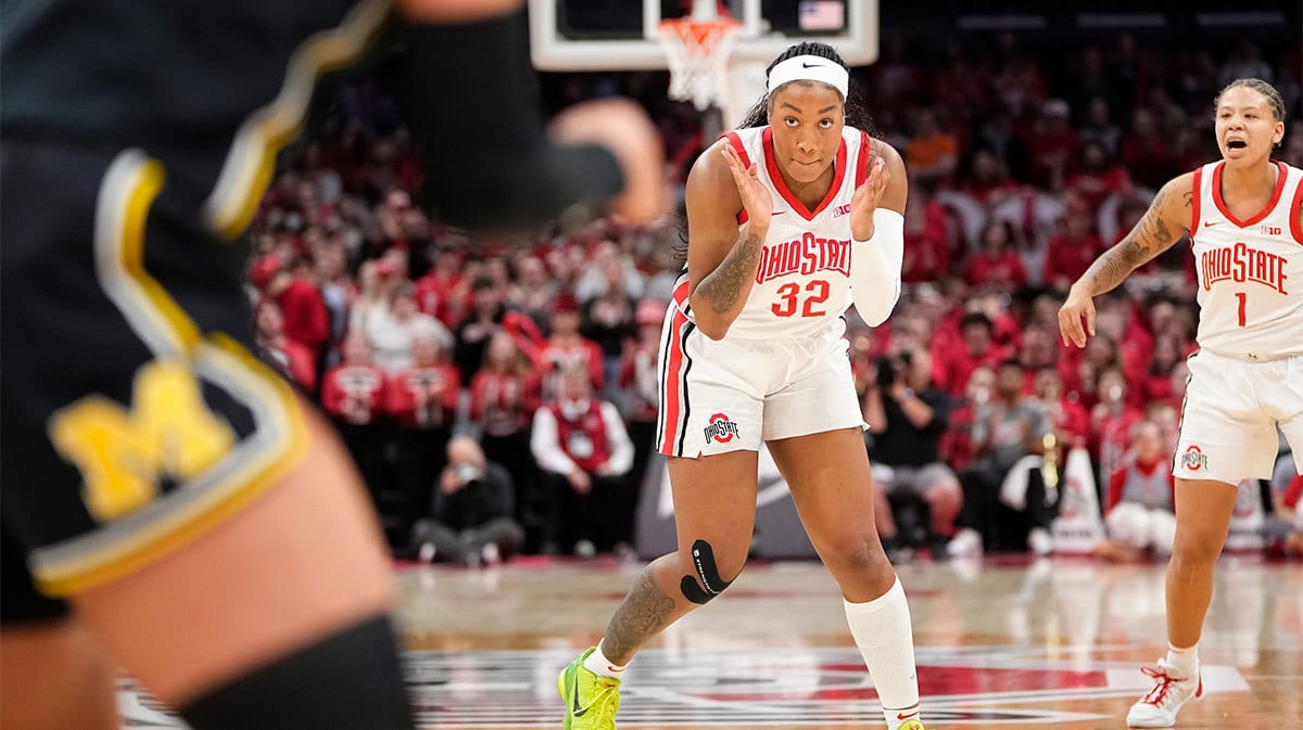 Ohio State Buckeyes forward Cotie McMahon (32) celebrates a basket during the second half of the NCAA women s basketball game against the Michigan Wolverines.