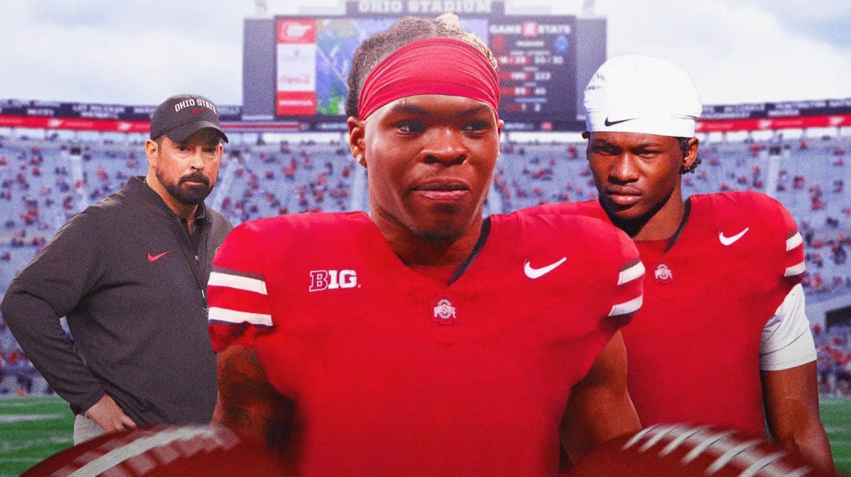 Ohio State football, Buckeyes, Ryan Day, Jeremiah Smith, Quinshon Judkins, Ryan Day, Quinshon Judkins and Jeremiah Smith (both in Ohio State unis) with Ohio State football stadium in the background
